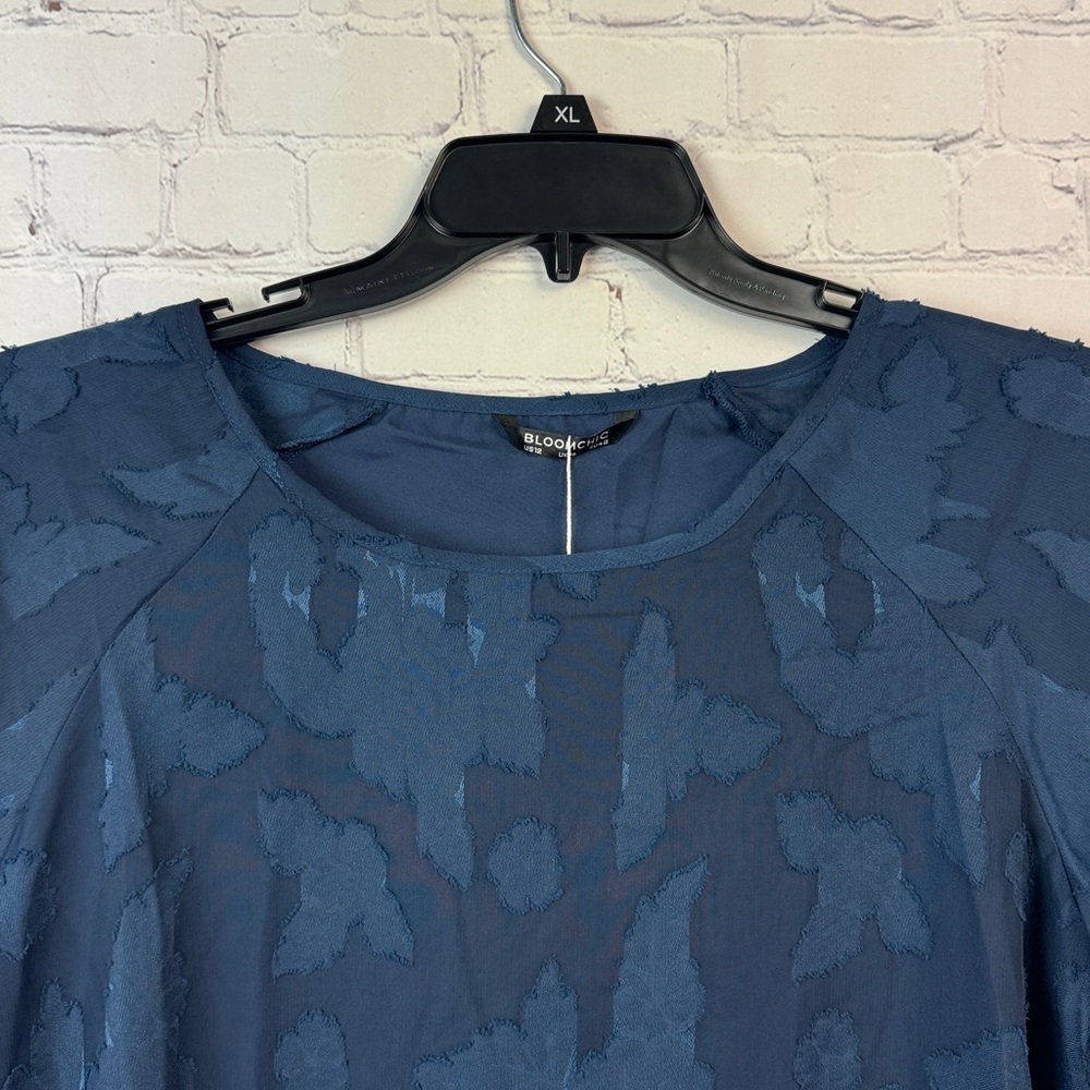 BloomChic Blue Floral Sheer Overlay Double Ruffle Sleeve Top Size Large 12 - Picture 6 of 9